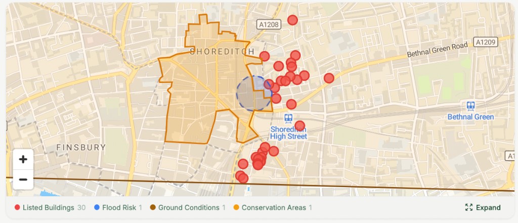Map of East London with planning overlays: listed buildings, flood risk, conservation areas and ground conditions