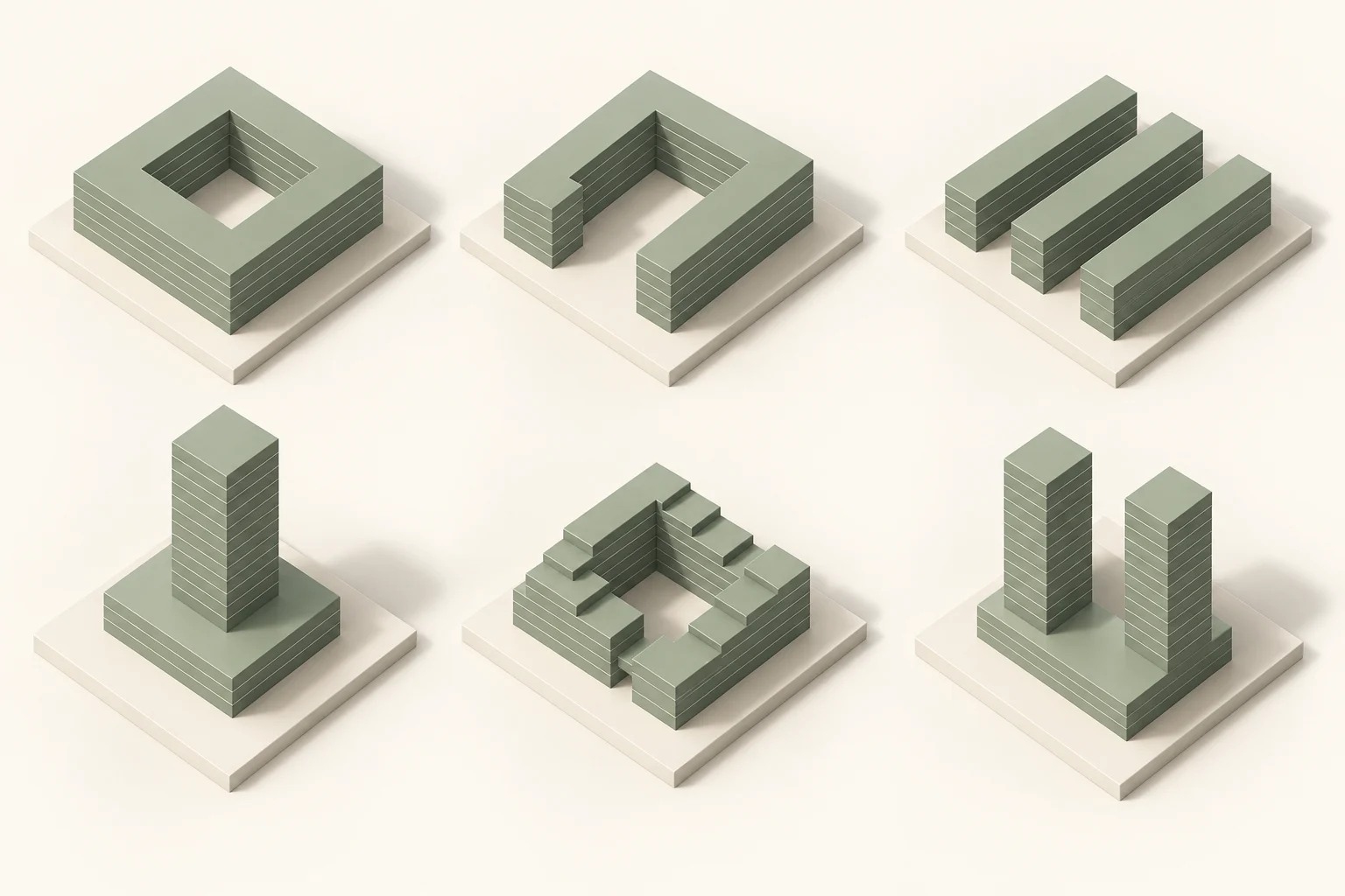 Six conceptual massing typologies: courtyard, U-shaped block, parallel bars, tower on podium, stepped courtyard and twin towers