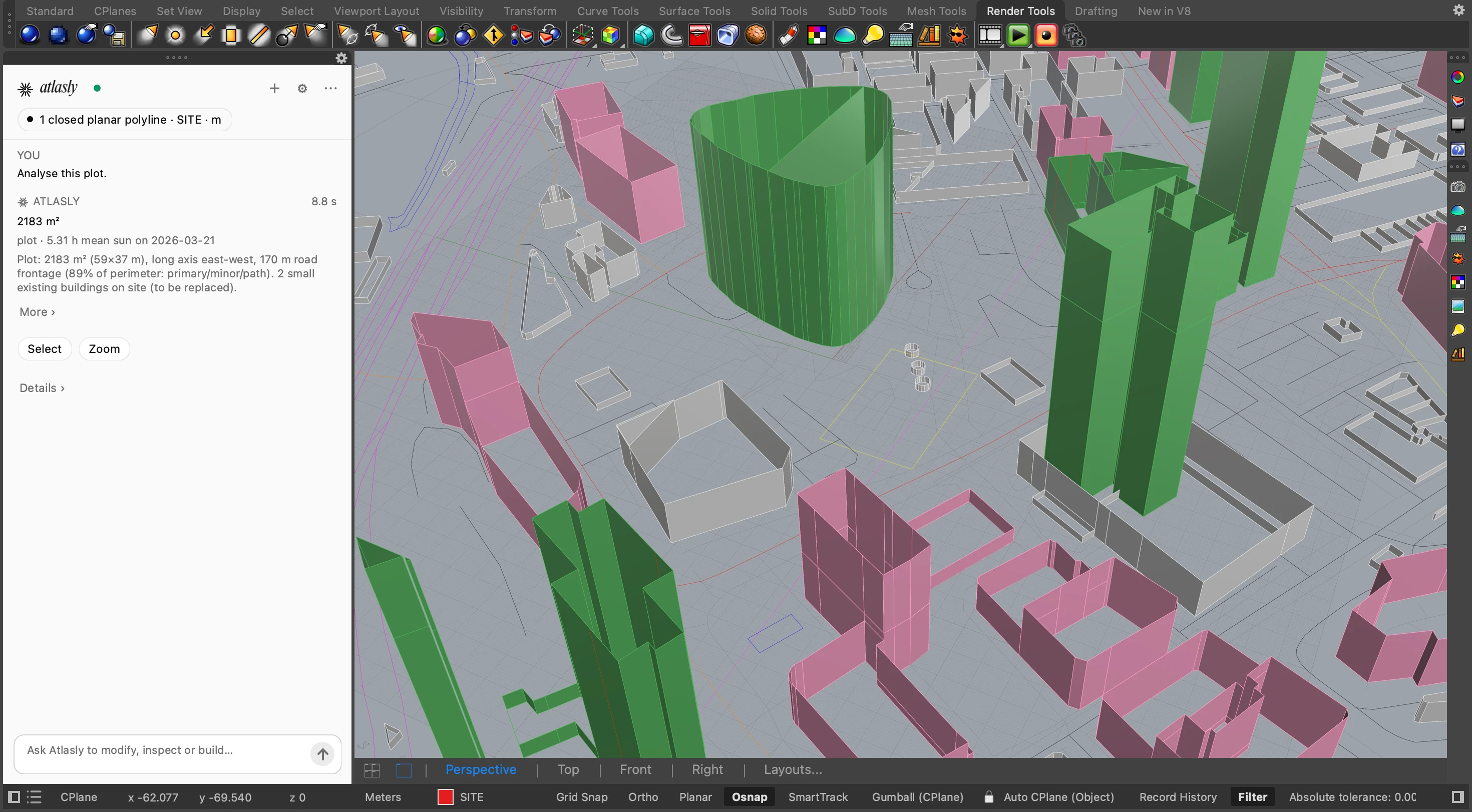 Atlasly reports plot measurements alongside the NOMA site context in Rhino.