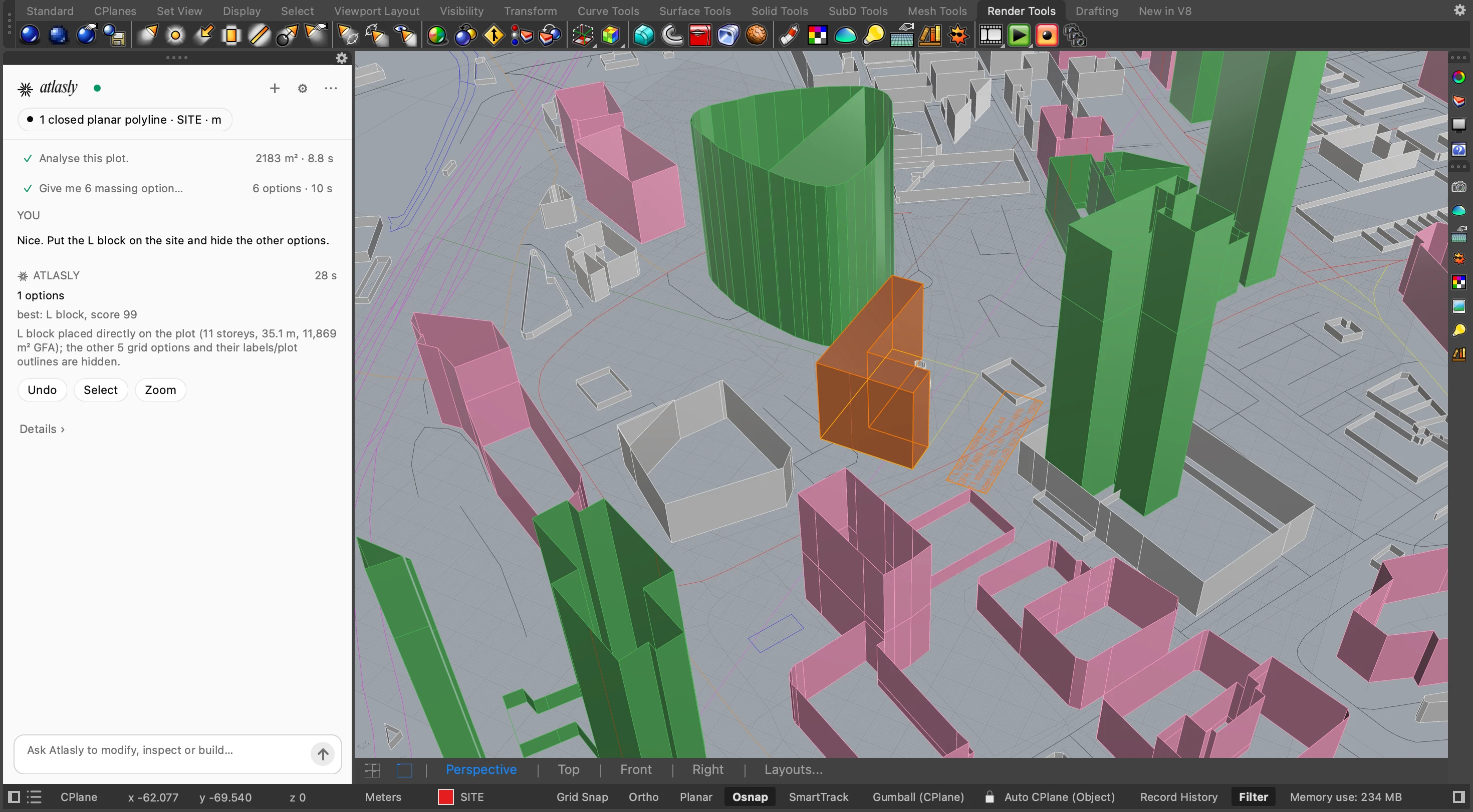 An orange L-shaped building option selected among the surrounding buildings in Rhino.