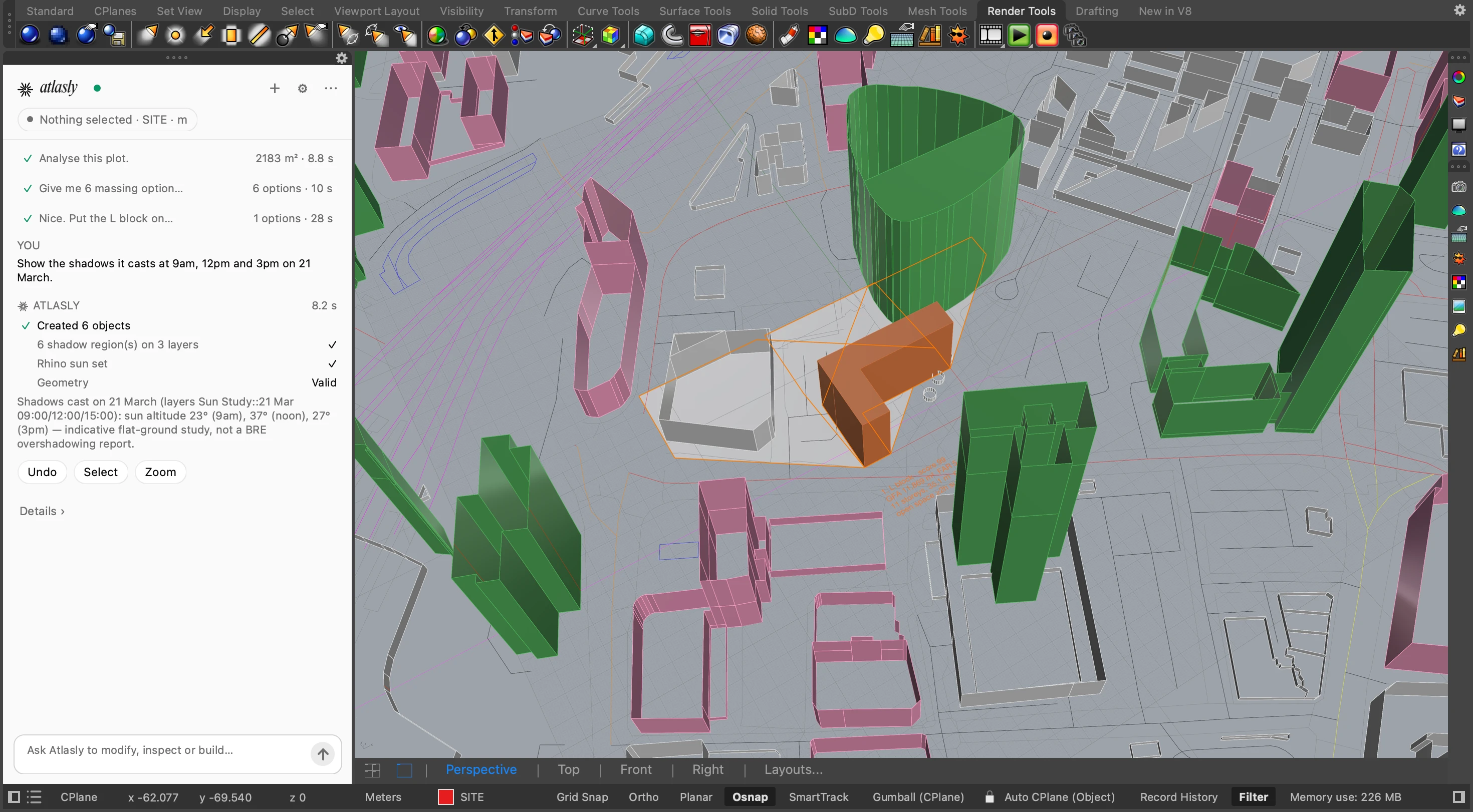 Rhino displays shadow outlines for the proposed building at three times on 21 March.