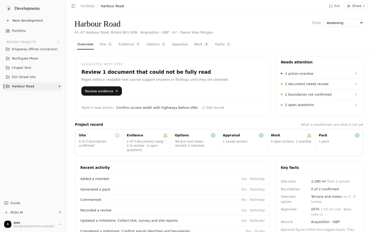 Development project overview with the suggested next step, project record and what needs attention